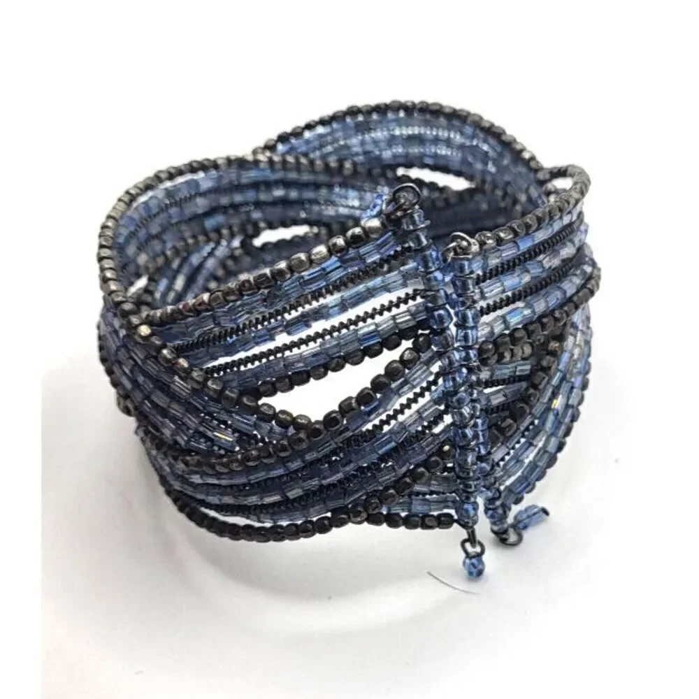 Vintage 90s Beaded Bronze and Silver Beaded Bohemian Bangle Bracelet 8in
